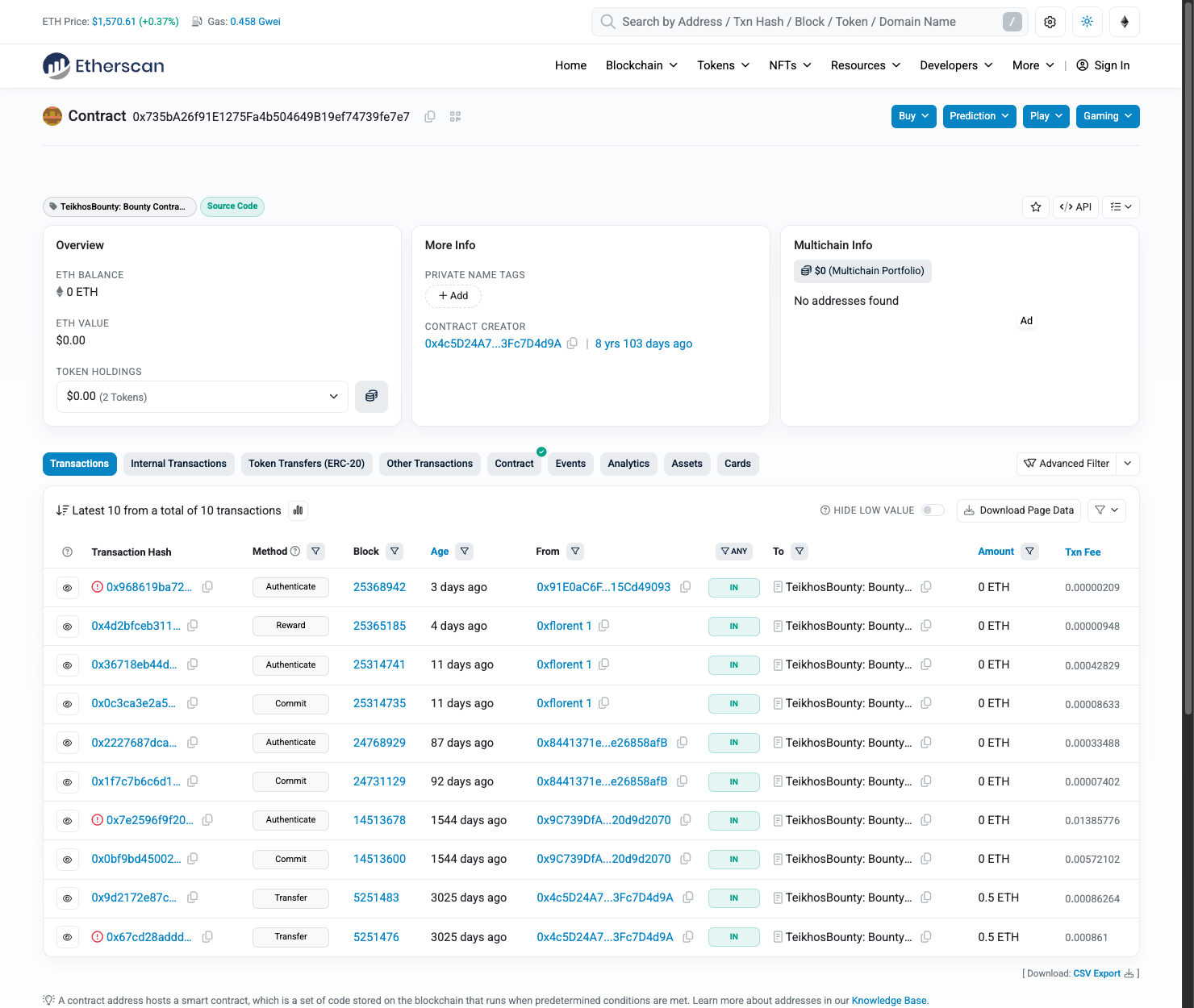 The demo contract, drained to 0 ETH