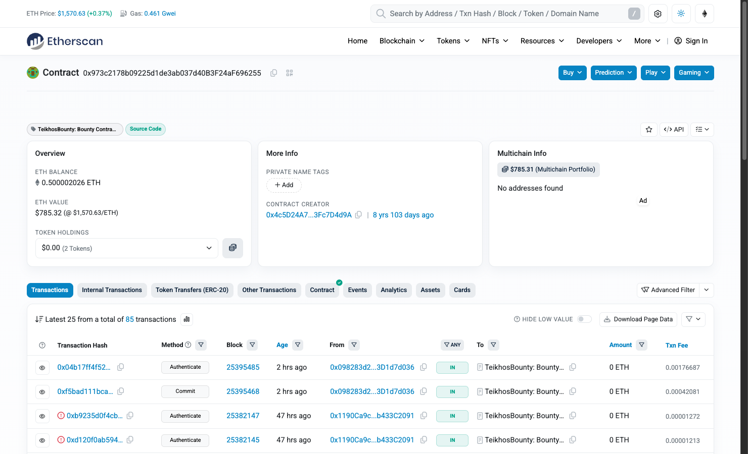 Bounty C on Etherscan — 0.5 ETH, dozens of failed authenticate() calls