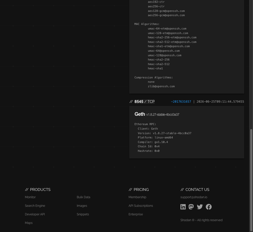 The live Shodan host record — port 8545, Geth v1.8.27, Chain Id 0x4 (Rinkeby). IP and SSH key redacted.