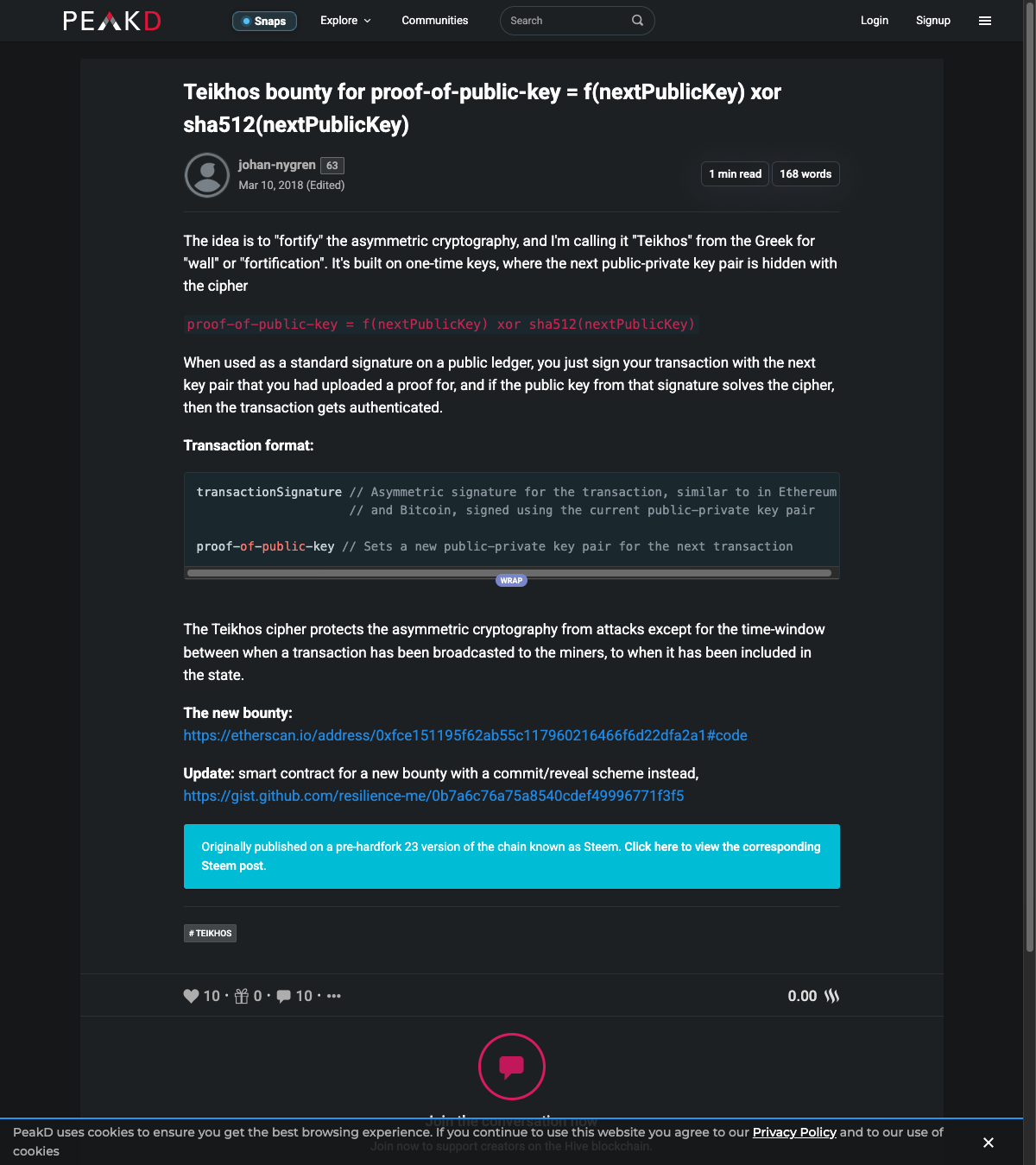 Johan Nygren’s 2018 Steem/Hive post announcing the Teikhos bounty